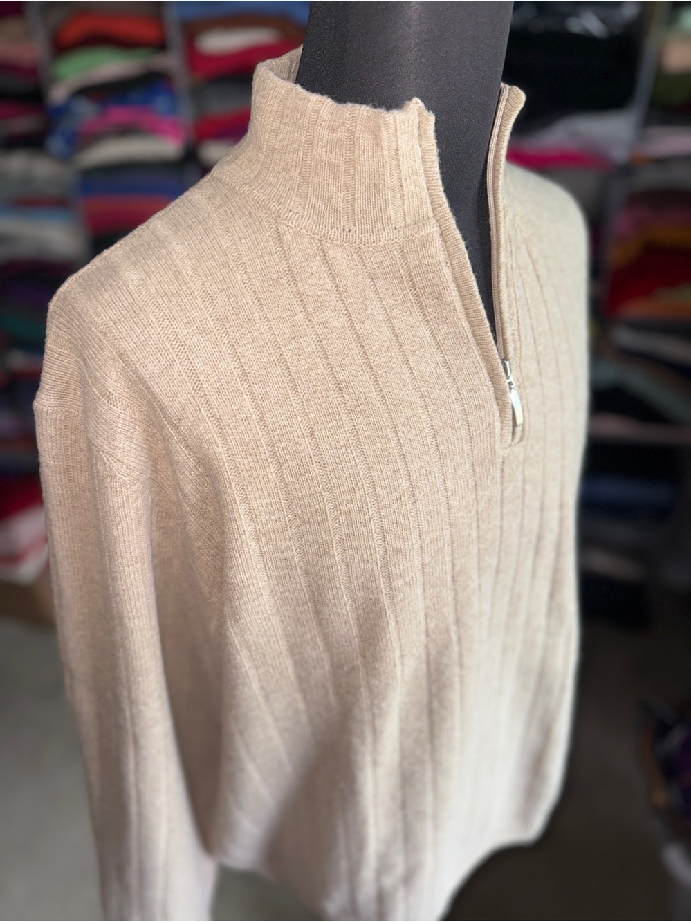 Geelong Lamb’s Wool Soft Ribbed Half-Zip Sweater in Light Beige, XXL